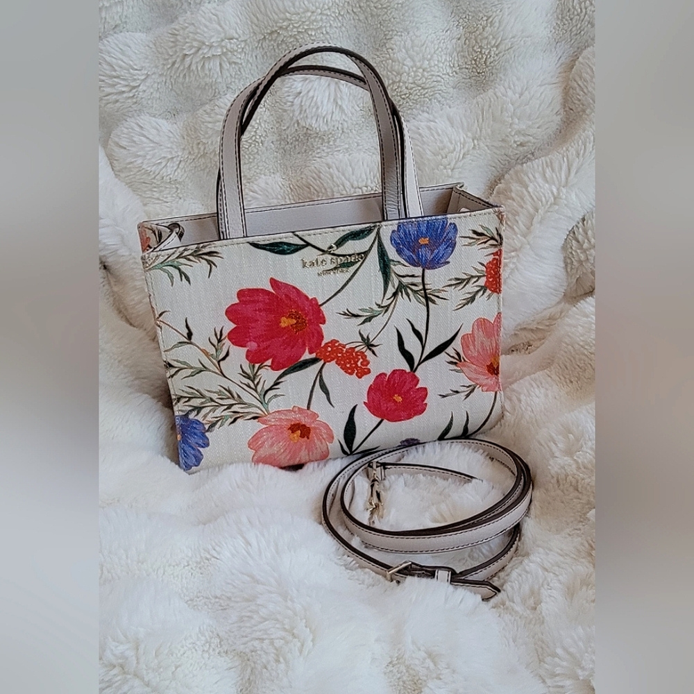 kate spade Floral Canvas Satchel in White with Pink, Red, Blue Accents